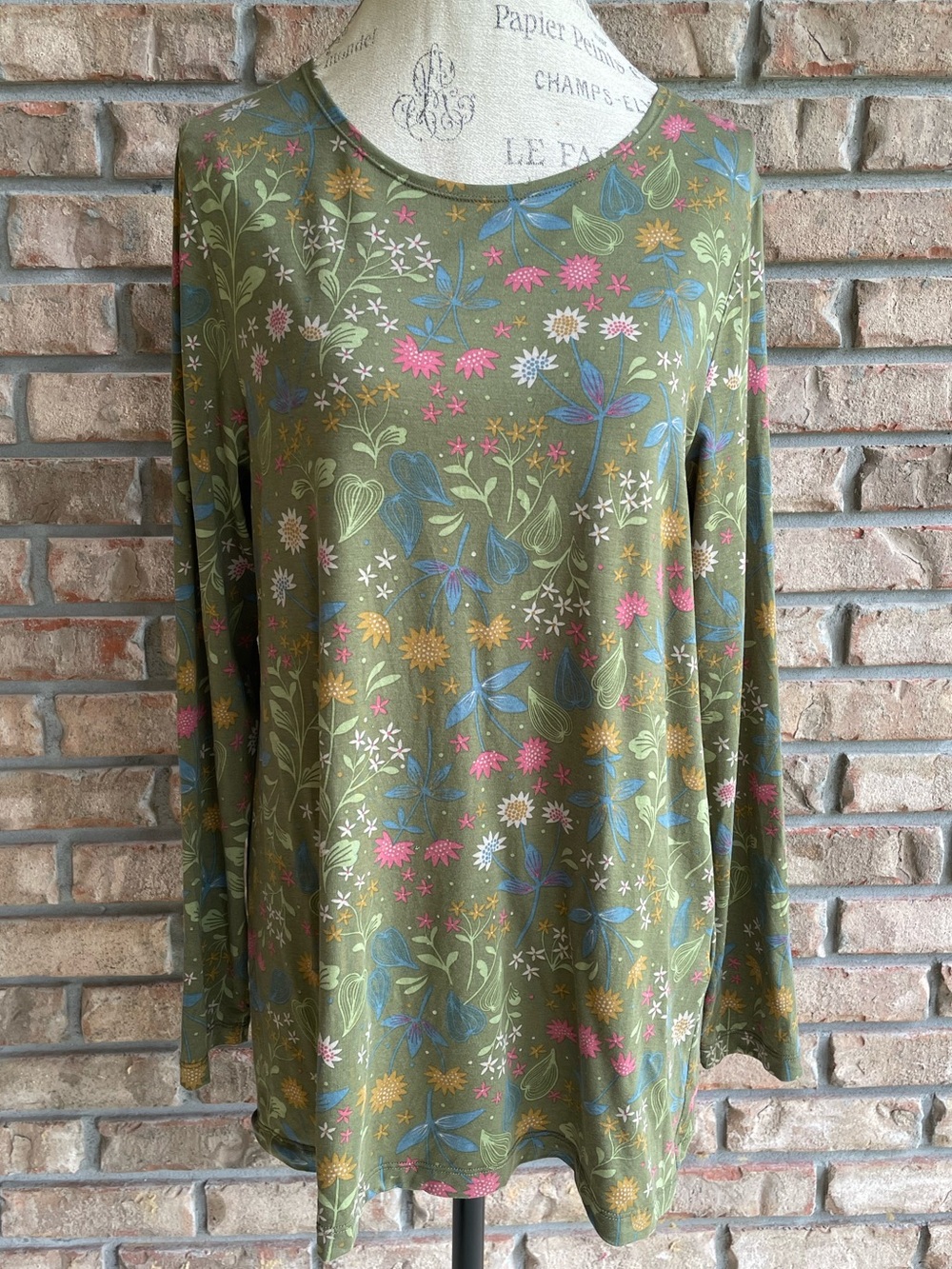 Gudrun Sjoden Ophelia Olive Green Floral Long-Sleeve Crewneck Top.